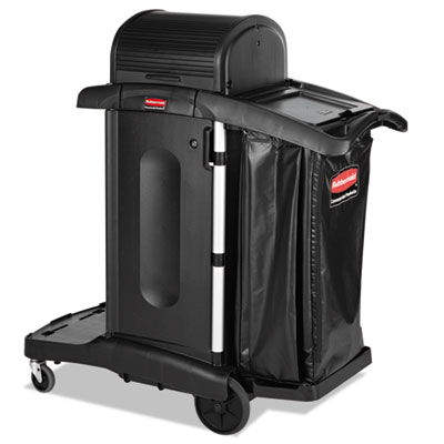 EXECUTIVE HIGH SECURITY 
JANITORIAL CLEANING CART, 
PLASTIC, 4 SHELVES, 1 BIN - 
23.1&quot;X39.6&quot;X27.5&quot; - BLACK