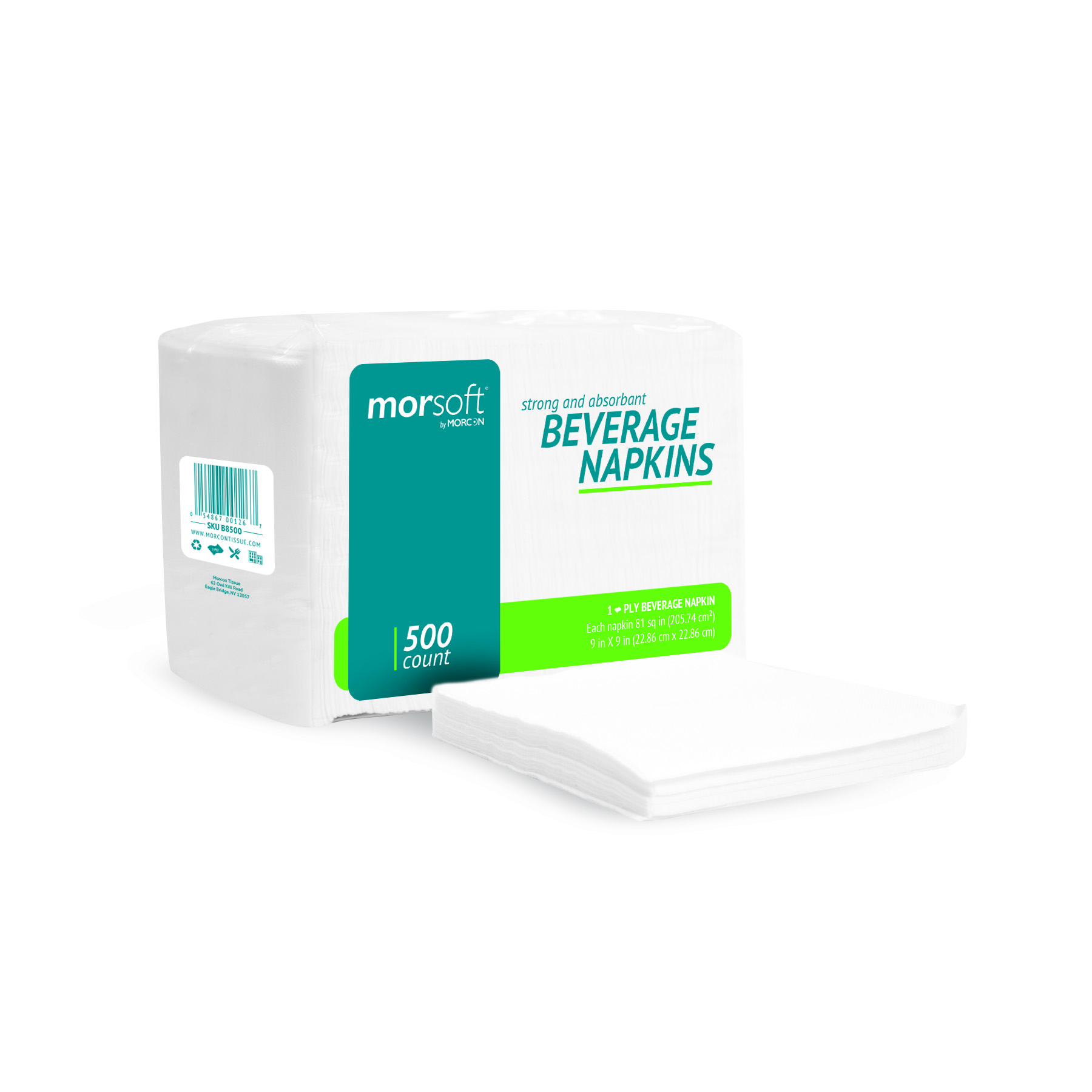 MORCON 9&quot; X 9&quot; BEVERAGE NAPKIN  1PLY - WHITE (8/500)
